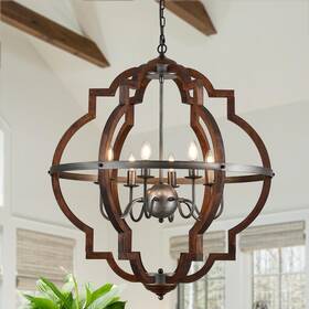Yomecoo 726208090932 Wood Chandelier Light Fixture Antique Farmhouse 31.49 Inch Caged Candle Style Ord