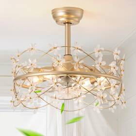 F024 Youngrender 20 Inch Gold Caged Ceiling Fan With Light Flower Chandelier