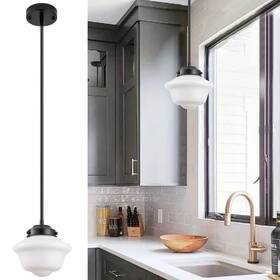 P011 Youngrender Schoolhouse Pendant Lighting Black 8 Inch Milk Glass Light Shade Farmhouse C
