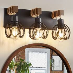 B217-042-03-bk Zhizenl Farmhouse 3 Light Wood Bathroom Lights Over Mirror Rustic Rattan Black Vanity