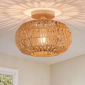 Wbrattanxd001 Zswanbei Boho Rattan Ceiling Light - Flush Mount Mini Chandelier Woven F