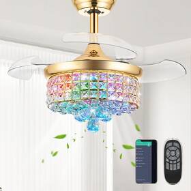 Lg-xc0101-30g Zynfandor 30 Inch Retractable Crystal Ceiling Fan With Light Rgb Modern Fandelier 6 Speeds