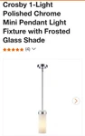 Bel Air Lighting Crosby 1-LIGHT Polished Chrome Mini Pendant Fixture. Fixed Price $25.00.