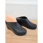 NO.6 School Wedge Clogs Women Size 38 / 7-7.5 All Black Leather Mules Shoes. Fixed Price $125.00.