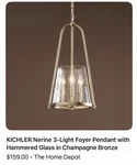 Kichler Nerine 3-LIGHT Foyer Pendant With Hammered Glass Champagne Bronze. Fixed Price $59.00.
