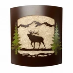 Rustic Elk With Pine Tree Wall Sconce - Frosted Amber Glass & Bronze Metal Light. Fixed Price $174.00.