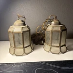 Hanging Swag Light Double Brass And Glass Ceiling Fixture. Fixed Price $95.00.