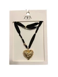Zara Long Heart Fabric Necklace Pendant Jewelry Black Golden 1856/321 Nwt. Fixed Price $49.99.