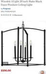 Progress Winslett 20" Black Foyer Pendant Ceiling Light. P500240-031. Fixed Price $300.00.