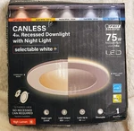 Feit 4" Led 75W (14W) Canless Recessed Downlight W/night Light, 850 Lumen, J-box. Fixed Price $9.99.
