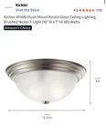 New Kichler Flush Mount 3LT 15.25X6.5" Brushed Nickel, Satin Etched Glass 8116NI. Fixed Price $24.00.