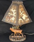 Antique German Wood Carved Elk Table Lamp With Original Shade By Rhon Sepp. Fixed Price $350.00.