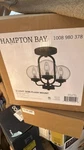 Hampton Bay Elmstone 14 In. 3LIGHT Matte Black And Gold Accents Semi Flush Mount. Fixed Price $50.00.