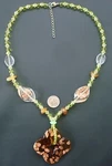 Lampwork Glass Necklace Amber Pendant Peridot Crystal Copper Swirls 22IN NEK009. Fixed Price $5.95.