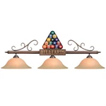 Ram Gameroom 3 Light Rack Billiard Balls In Fixture With Amber Shades. Fixed Price $329.00.