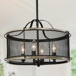 Lnc 4-LIGHT Matte Black Brown Wood Modern Farmhouse Drum Cage Chandelier. Fixed Price $245.15.