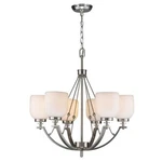 World Imports 6-LIGHT Brushed Nickel Chandelier With White Frosted Glass Shade. Fixed Price $136.98.