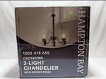 Hampton Bay Castleford 3-LIGHT Oil Rubbed Bronze Chandelier. Fixed Price $33.49.