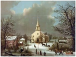 9100.PEOPLE Walking Towards Snow-covered Church.poster.decor Home Office Art. Fixed Price $37.00.