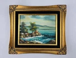 Far East Art Academy Oil Painting Scene Shoreline Rocks Trees W/ Frame 14"X 12". Fixed Price $319.99.