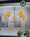 Hampton Bay 5-LIGHT Chandelier Brushed Nickle W/frosted Amber Shades Lot Of 4. Fixed Price $144.77.