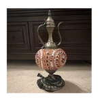 Moroccan Mosaic Art Glass Table Lamp, Hand Blown, Red Silver Geometric Design. Fixed Price $75.00.