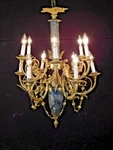 Antique Huge 12 Arm Light Fancy Bronze Green Marble Ram's Head Chandelier. Fixed Price $1850.00.