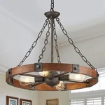 Benkut Farmhouse 23.6" Walnut Rustic Wagon Wheel Chandelier 4-LIGHT Pendant. Fixed Price $75.00.