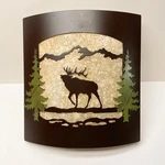 Rustic Elk With Pine Tree Wall Sconce - Frosted Amber Glass & Bronze Metal Light. Fixed Price $138.00.