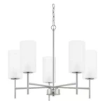 Home Decorators 5-LIGHT Modern Chandelier Brushed Nickel Finish W Glass Shade. Fixed Price $49.99.