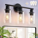 3-LIGHT Black Modern Bathroom Vanity Fixture With Clear Glass Shades. Fixed Price $62.71.