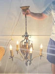 Antique Polychrome Metal Chandelier - Crest Design 5 Arm Light. Fixed Price $275.00.
