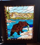 Meyda Tiffany Stained Glass Window Wood Frame! Bear With Fish Springfield Mo. Fixed Price $395.00.