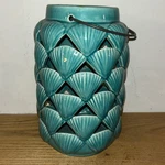 Teal Green Crackled Glaze Nautical Sea Shell Pillar Candle Holder Lantern 9". Fixed Price $24.24.