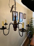 Wooden Chandelier, 5 Arm Candles, Hanging Electric Fixture, Irvin's Tinware. Fixed Price $200.00.