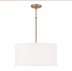 Alan 18 In. X 9 3-LIGHT Pendant Aged Brass With White Fabric Drum Sha. Fixed Price $65.00.