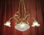 4 Lamps Fine Antique Brass Chandelier Satined Glass C. 1920 28". Fixed Price $1255.00.