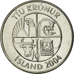 #587576 Coin, Iceland, 10 Kronur, 2004, EF(40-45), Nickel Plated Steel, KM:29.. Fixed Price $16.02.