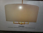 Emery Globe Electric 4-LIGHT Matte Brass Pendant With Beige Fabric Shade. Fixed Price $60.00.
