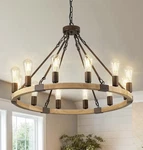 Benkut Farmhouse Wagon Wheel-chandelier 31" Wooden Rusticlight Fixtures 12-LIGHT. Fixed Price $129.00.