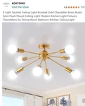 8 Light Sputnik Ceiling Brushed Gold Chandelier Brass Rustic Semi Flush Mt. Fixed Price $59.75.