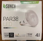 Sunco Par 38 Led 1250 Lumen 15W 4 Pack Flood Lights 3000K Dusk To Dawn Sensor. Fixed Price $22.00.