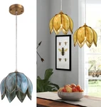 Vintage Lotus Brass Pendant Light With Blue-green Glass For Home & Shops. Fixed Price $154.99.
