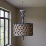 Gray Drum Distressed Galvanized Metal Dimmable Chandelier With Natural Shade. Fixed Price $162.42.