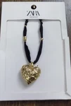 Zara New Woman Big Puffy Heart Pendant Long Fabric Necklace Golden 1856/321. Fixed Price $49.99.