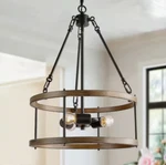 Lnc 3-LIGHT Cage Black/brown Pendant Farmhouse Chandelier W/ Wood Accents. Fixed Price $32.99.