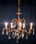 Vintage Antique 5 Light Ornate French Brass Chandelier Lead Crystal Prisms Spain. Fixed Price $425.00.