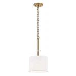Home Decorators Dawson Aged Brass Shaded Pendant Light W/ White Drum. Fixed Price $42.99.