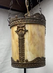 Antique Art Nouveau Pendant Ceiling Light Cylinder Of Bent Slag Glass Panels. Fixed Price $385.00.