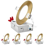 Luxrite 4IN Ultra Thin Led Recessed Light J-box 10W 5CCT 750LM Brass Trim 4PK. Fixed Price $99.95.